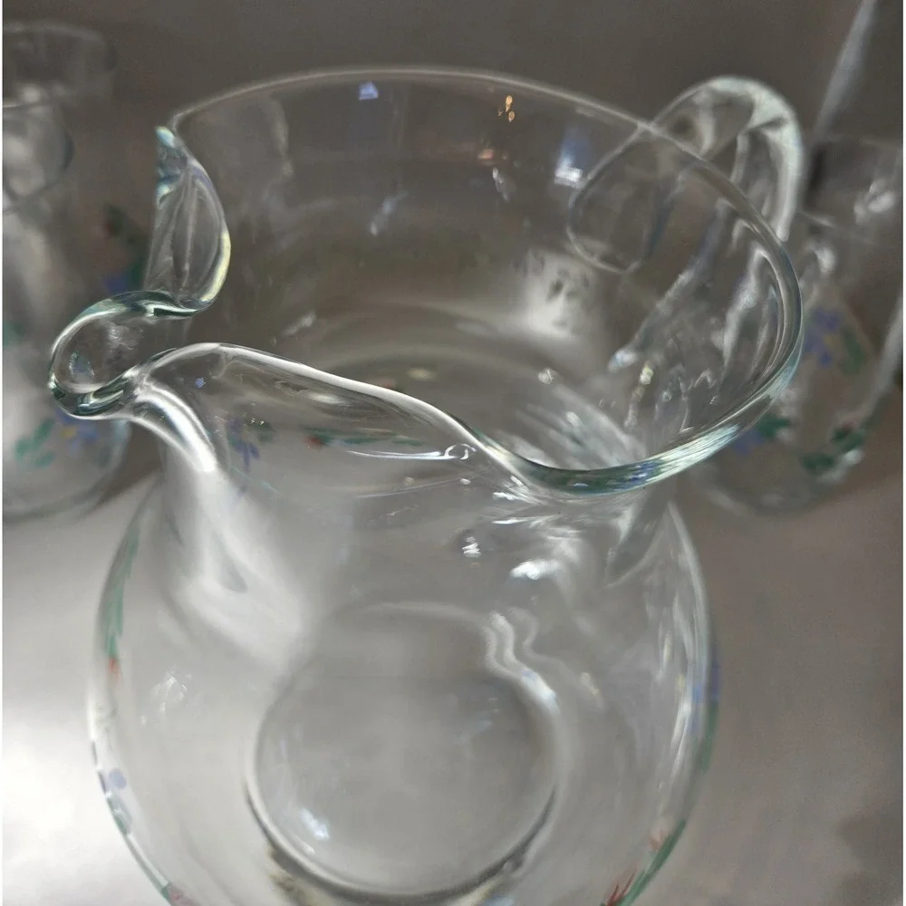 Vintage Pitcher 4 Glasses Floral Design Glass With Ice‎ Guard